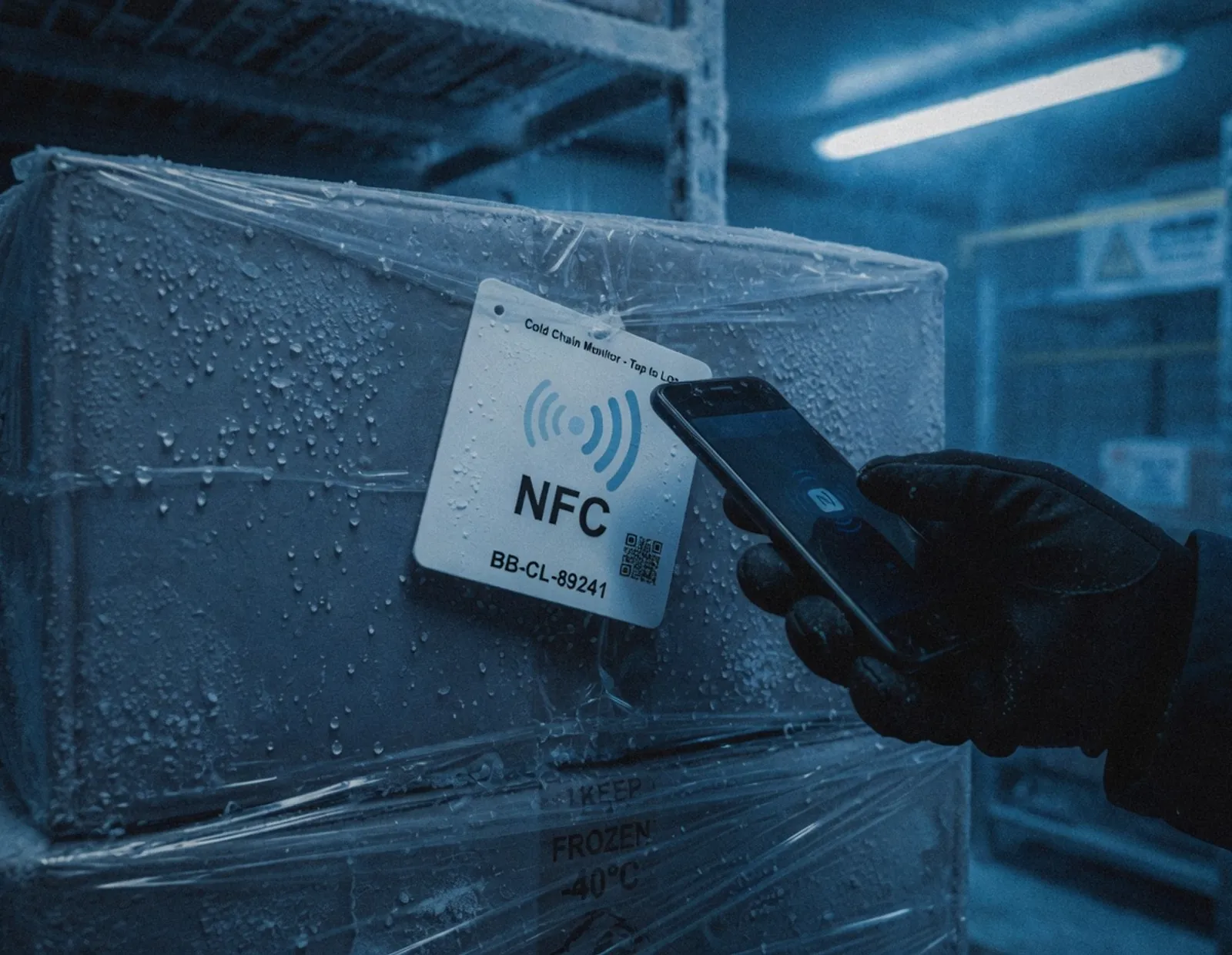Tag NFC de AiceTag adherido a una caja; una mano enguantada acerca el teléfono para leerlo.