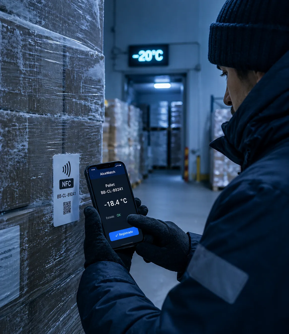 Operario con guantes lee un tag NFC en un pallet dentro de una cámara a −20 °C; el teléfono muestra −18.4 °C.