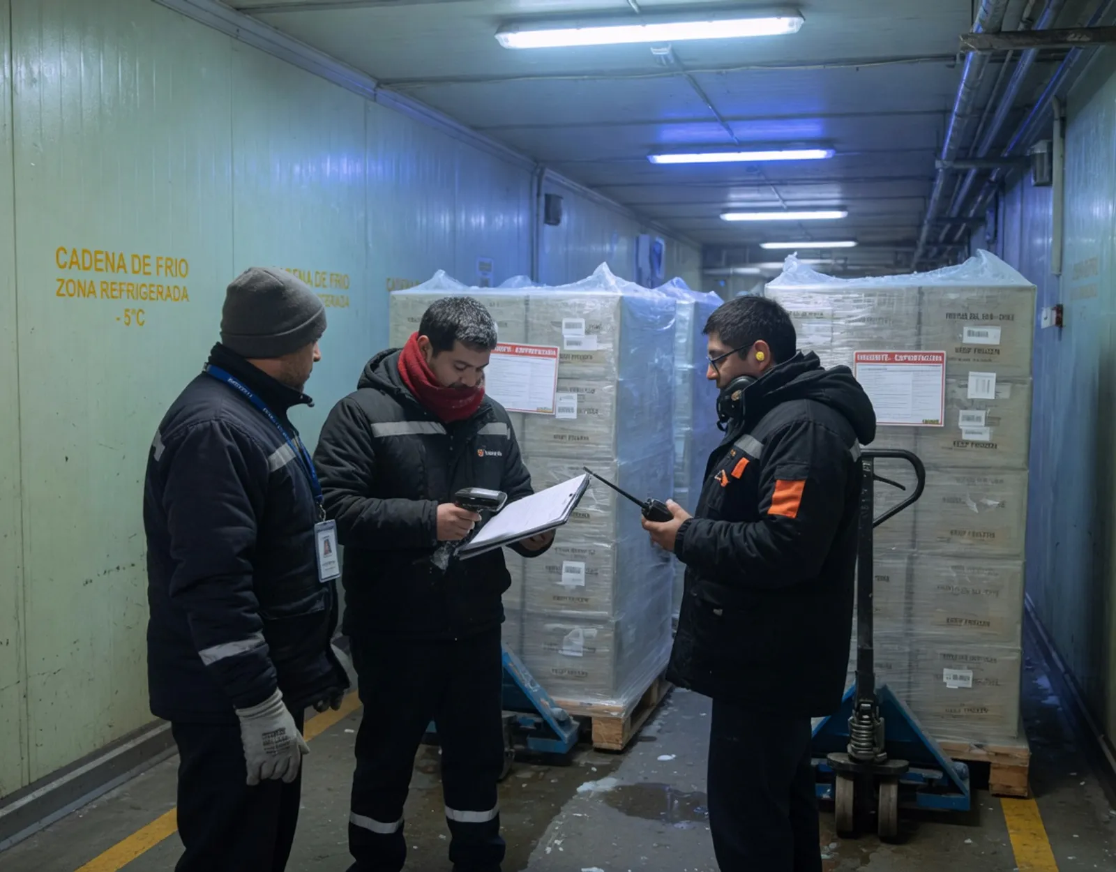 Tres profesionales de logística en un corredor de cámara frigorífica junto a pallets envueltos.