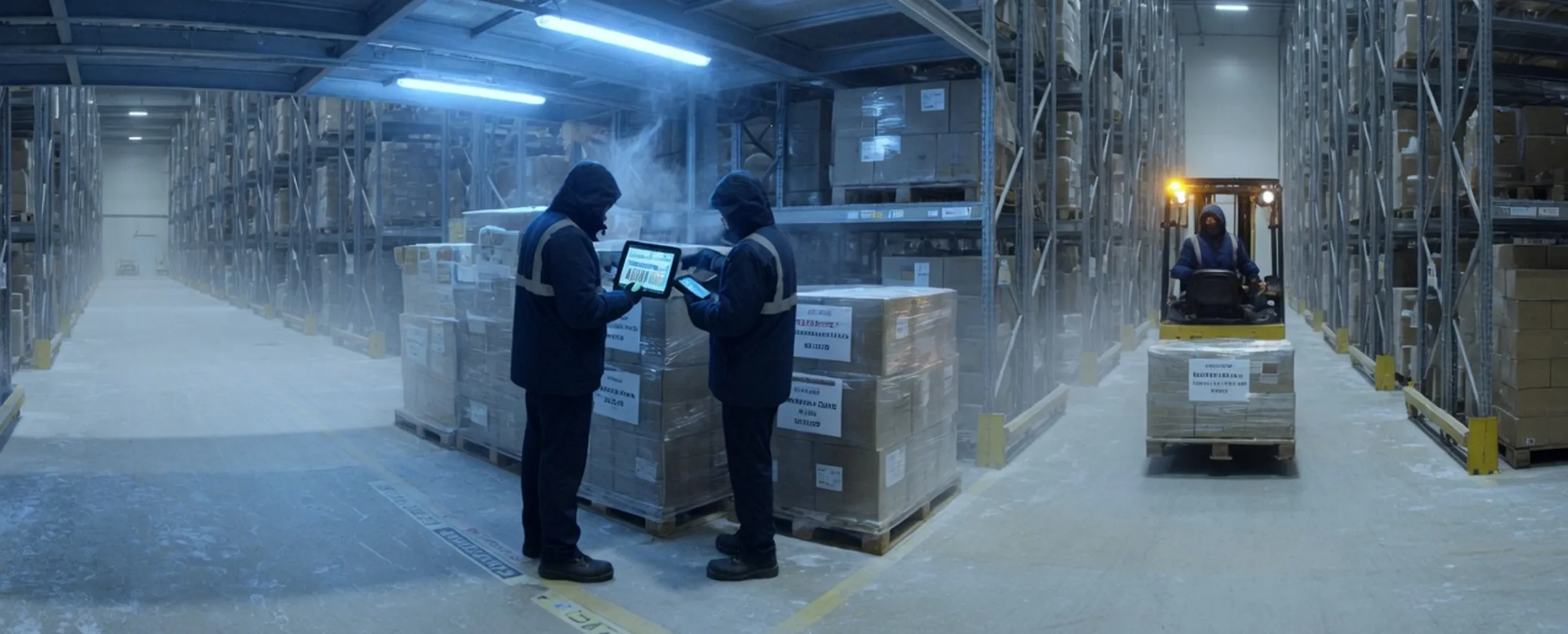 Operarios con tablet junto a pallets en un pasillo de almacén frigorífico; montacargas al fondo.